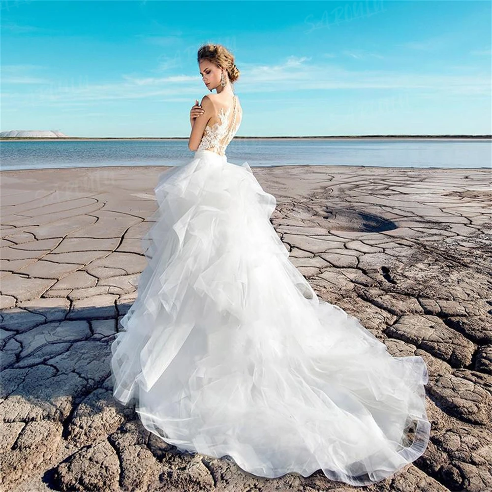 Vestido de novia de playa escalonado de tul, corte en A, princesa, ilusión Sexy, encaje, sin mangas, cuello redondo, vestido de novia hecho a medida