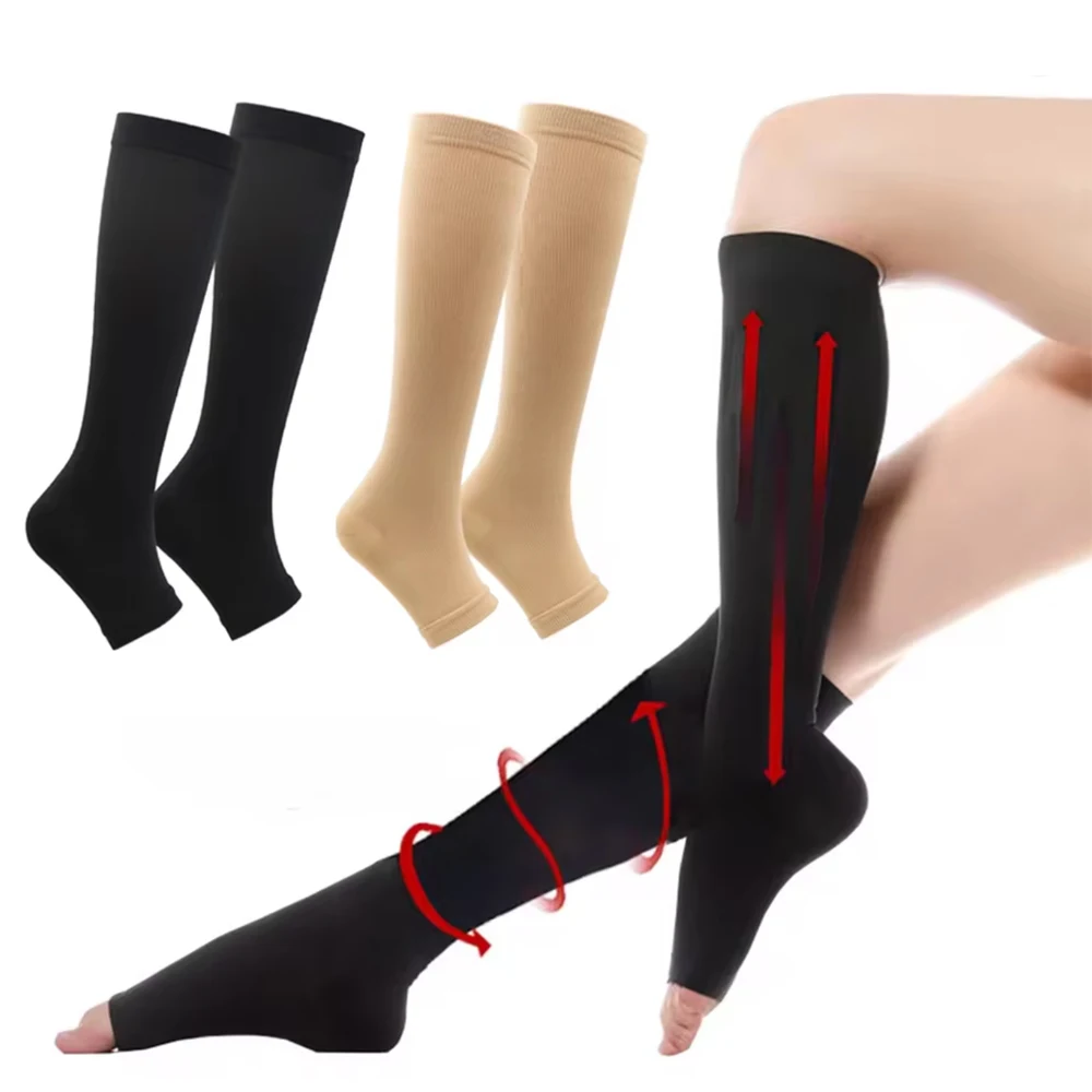 Graduated Pressure Medical Calf Compression Stockings with Open Toe Knee High Elastic Design for Varicose Veins Shaping S-XL