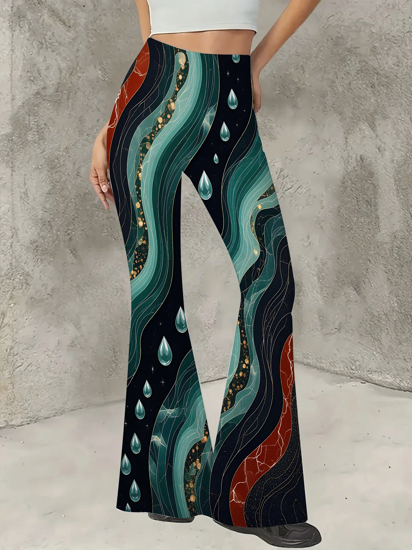 

Retro Printed Flare Pants Women High Waist Polyester Knit Bell Bottom Trousers
