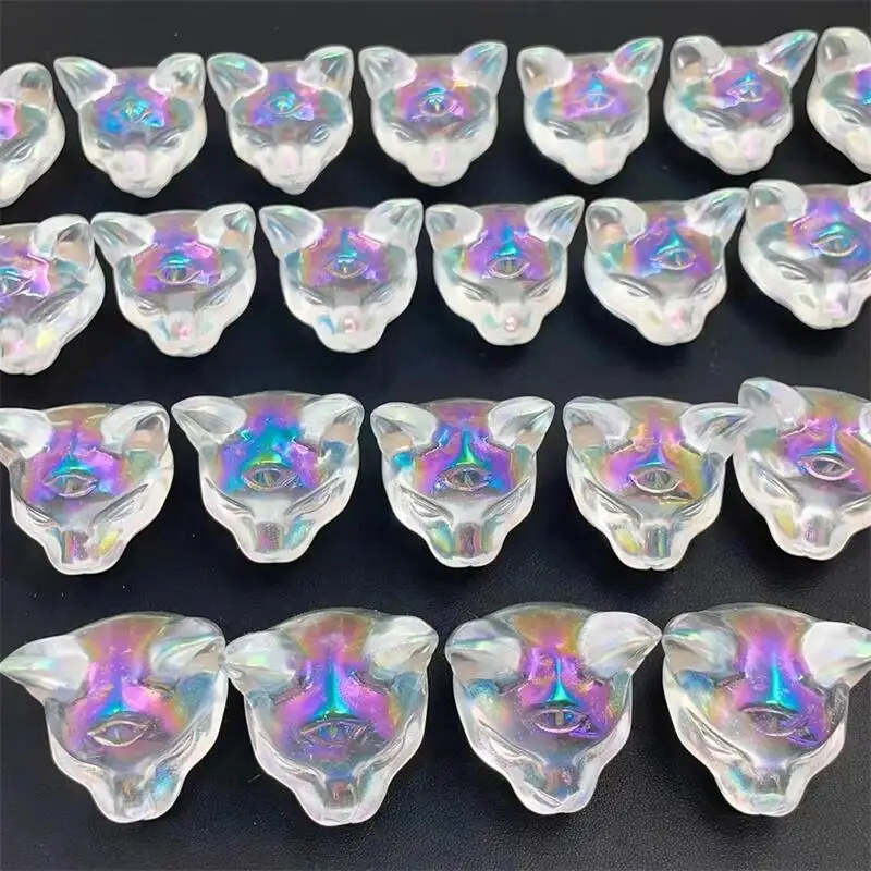 

Natural Aura Quartz Cartoon Cat Head Carving Room Decoration Healing Crystal Animal Figurine Reiki Carved Stones Gift 1PCS