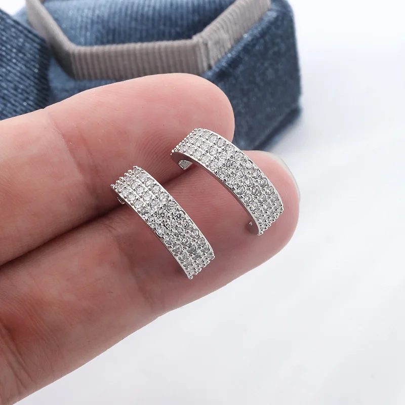 

Classic 925 Silver Three Rows Full of Diamonds Geometric Stud Earrings for Women Halloween Gift Party Jewelry Wholesale
