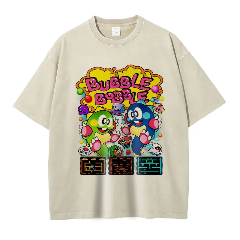 Bubble Bobble T Shirt Pc Game Cute Vintage Washed Casual Tops Tees DTG Printing Short Sleeve Oversized T-shirt 100% Cotton