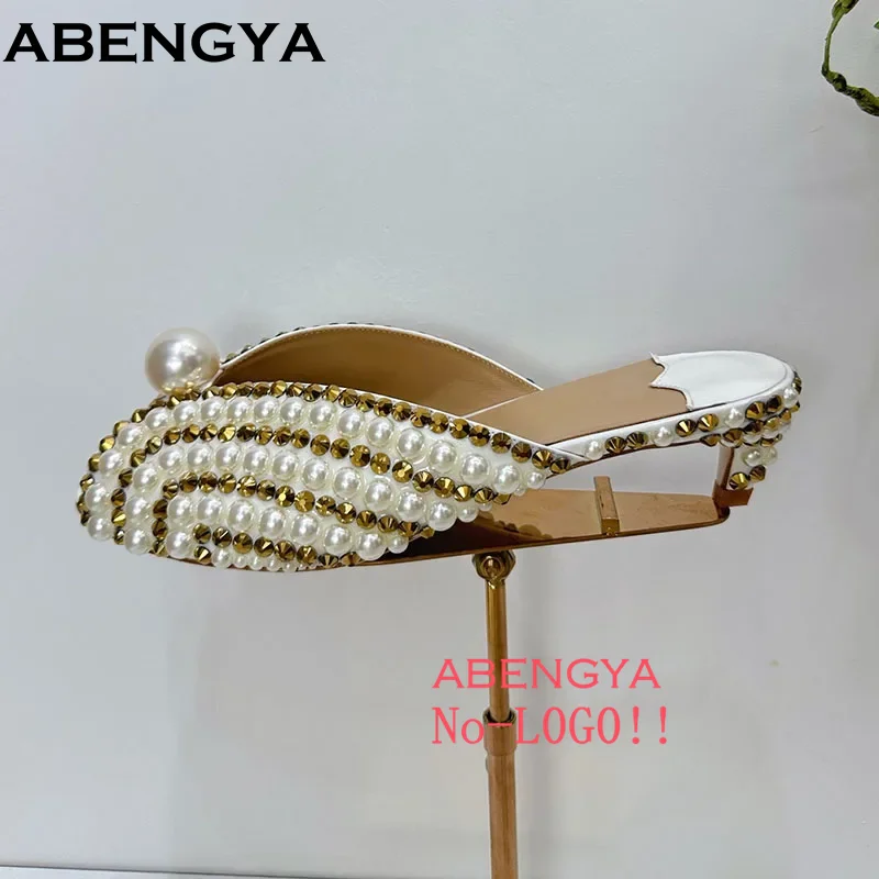 

Sexy Spike Heel Slippers Women's Shiny Rhinestone Pearl Decor Slippers Summer Gladiator Sandals Peep Toe Modern Slippers Women