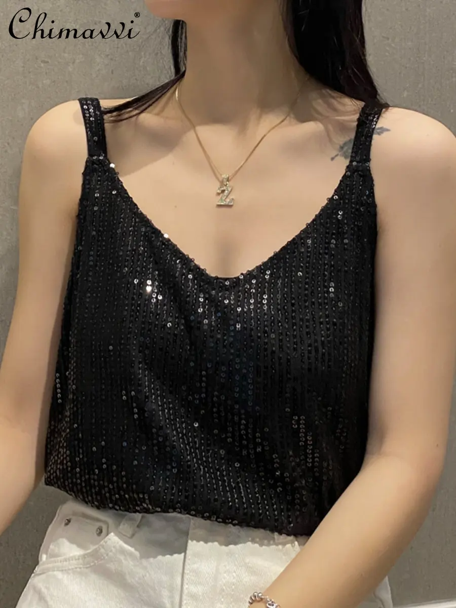 

Women Sequins V-neck Sling Vest Female Loose All-Matching Sexy Bottoming Shirt Tank Top Halter Top Korean Fashion Clothing