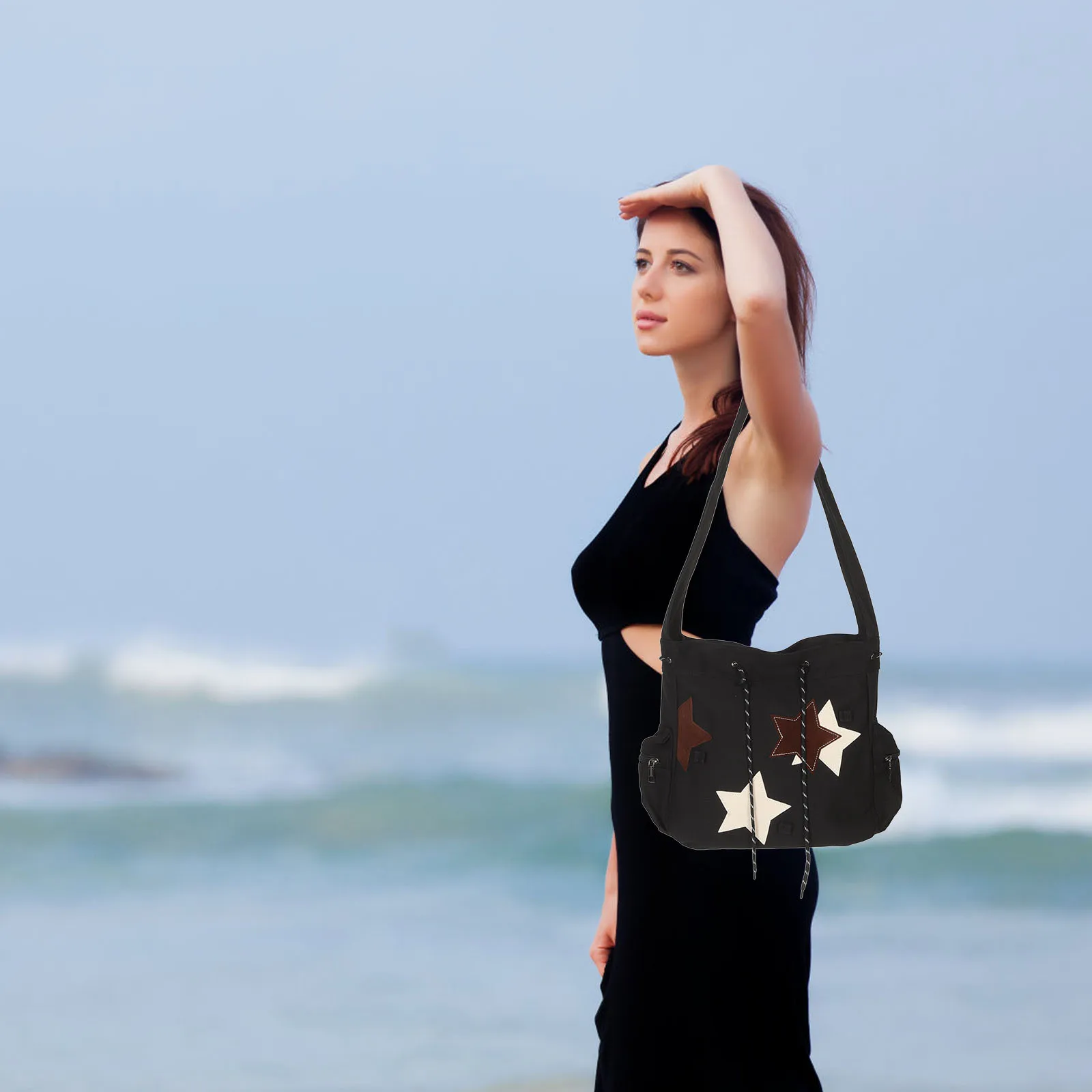 

Student School Bag Canvas Messenger Crossbody Backpack Large Capacity Star Pattern For Women Men Teens Commute Shoulder Sling