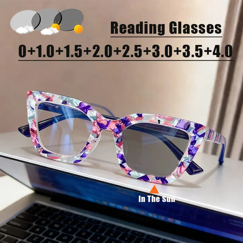 

New Floral-Patterned Photochromic Presbyopia Glasses Stylish Cat-Eye Frames with Blue Light and UV Protection Reading Eyewear