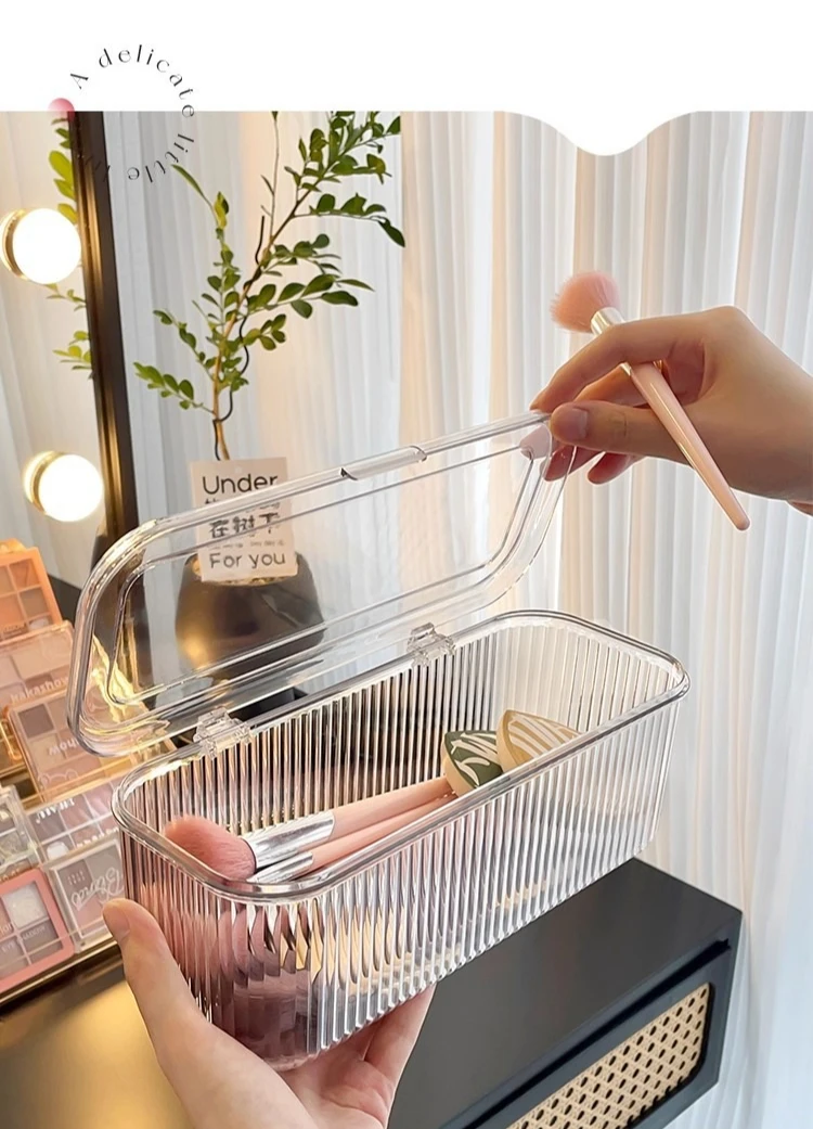 1pc Transparent Makeup Brush Storage Box with Lid, Dustproof Cosmetic Brush Holder, Acrylic Organizer for Vanity Bathroom