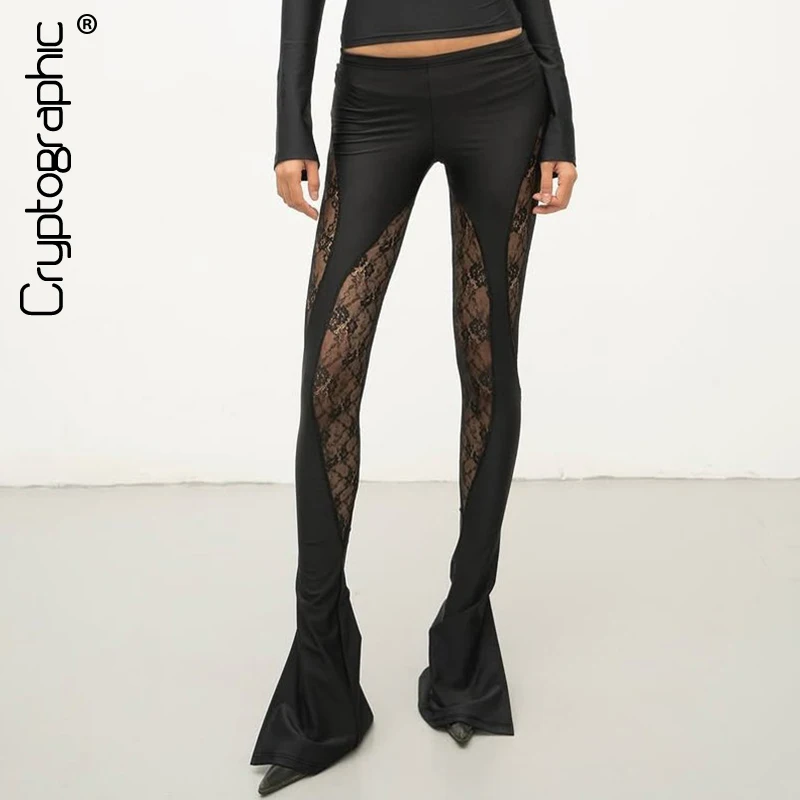 

Cryptographic Fashion Lace Splice Sheer Flared Pants Rave Festival Casual Outfits for Women Mid Rise Pants Halloween Streetwear