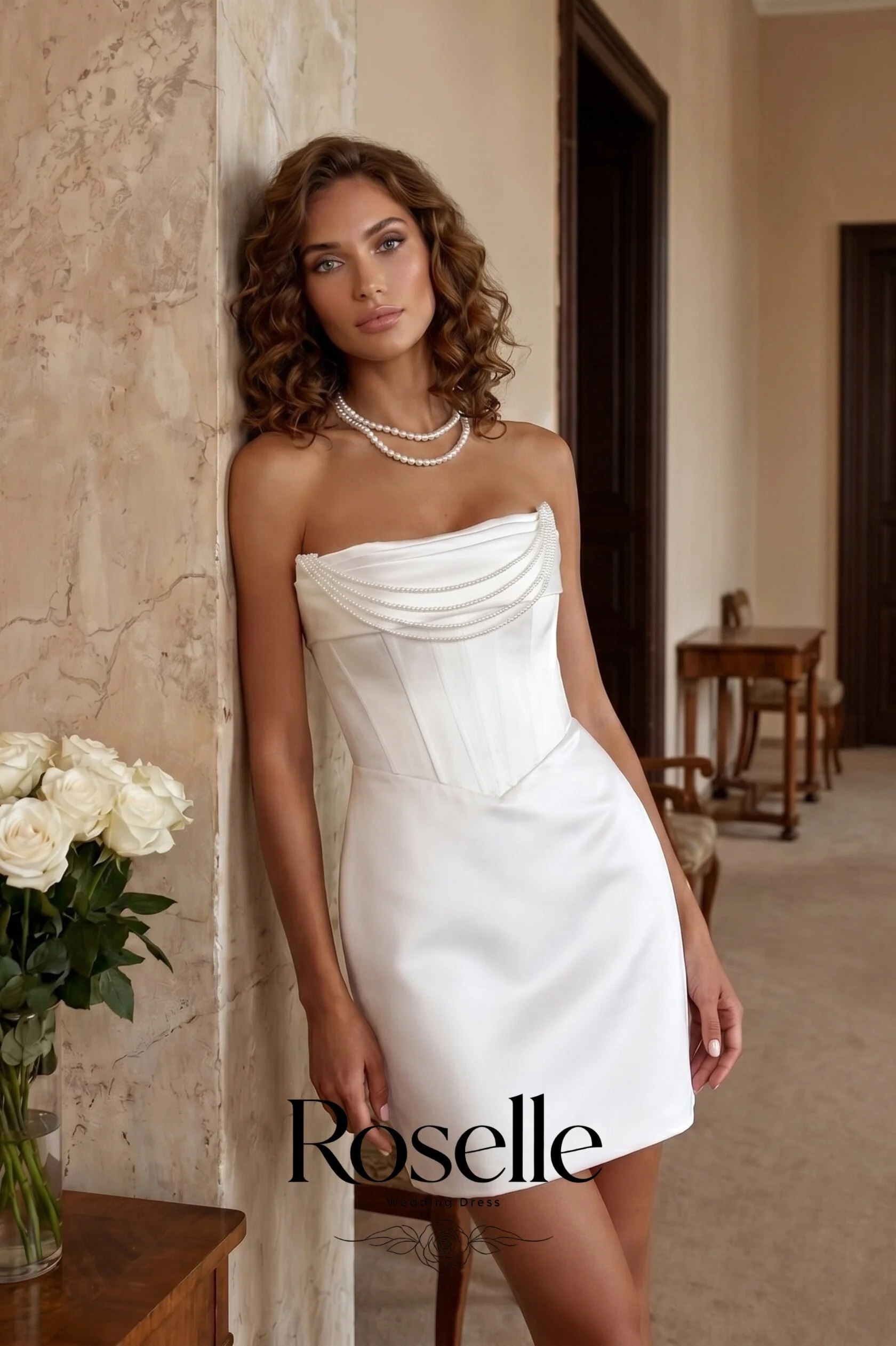 ROSELLE Mini Strapless Sleeveless Sheath Elegant Wedding Dress Pearl Chain Satin 2026 Bridal Gown Customized свадебное платье