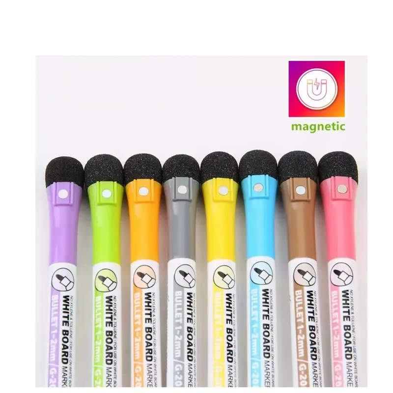 

8 watercolor pens, whiteboard marker pens, whiteboard dry erasers with erasers, magnetic marker pens for writing