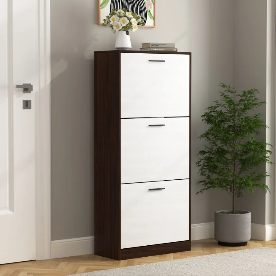 Shoe Storage Cabinet with 3 White Panel Flip Drawers Freestanding Organizer for Entryway Narrow Shoe Rack Cabinet