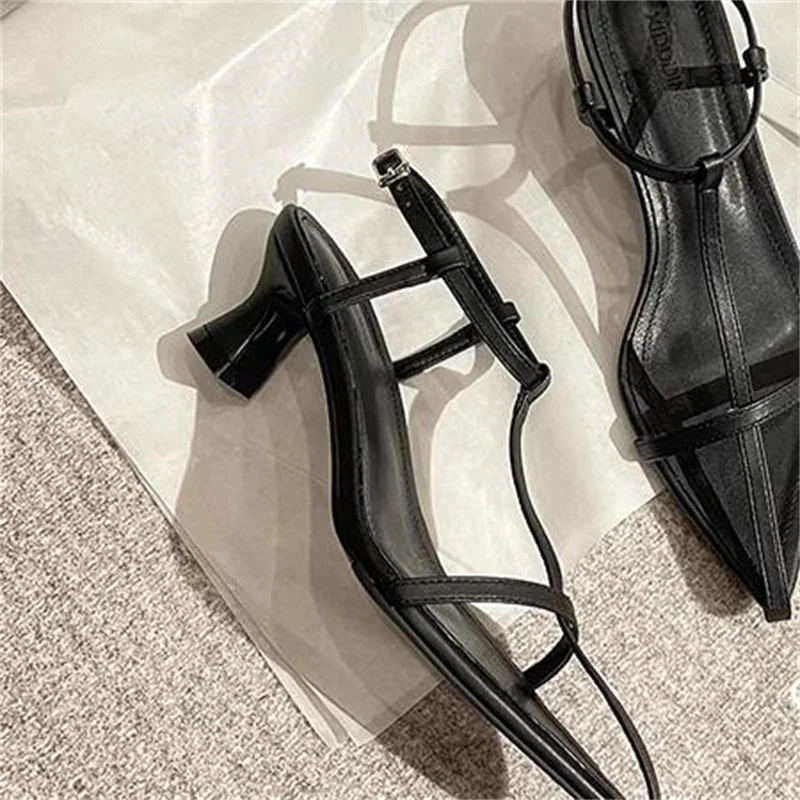 Crossover Strap Shoes for Lady Pointed Toes Women Mid Heels Sewing Lines Female Sandals PU Leather Tacones Buckle Chassure Femme