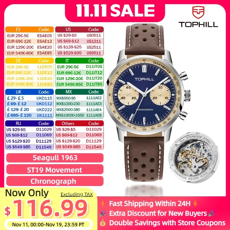

TOPHILL Vintage Racing Chronograph Men’s Mechanical Watch ST1901 Seagull Movement Pilot watch Leather Strap Sapphire glass 5ATM