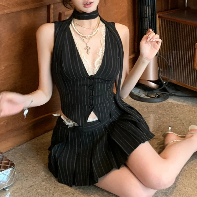 2024 Summer 2 Piece Skirt Set V-neck Lace Patchwork Striped Casual Camisole Women + High Waist Pleated A-line Skirt Vintage Suit