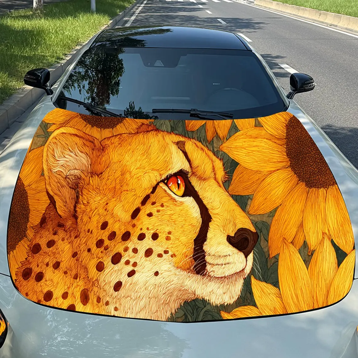 

Charming Sunflower Leopard Car Hood Stickers - Self-Adhesive, Waterproof and Durable Vinyl Wrap, Decorate And Protect Your Car -
