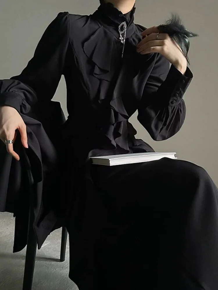 Harajuku Vintage Black Bottoming Shirt Women Stand Collar Ruffles Slim Blouses Japanese Victorian Long Sleeve
