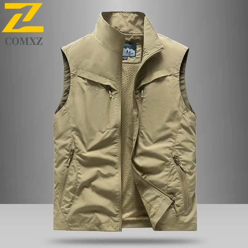 Autumn Sleeveless Work Vest Men's Fashion Embroidery Zipper Multi Pocket Jacket Hiking Camping Fishing Mesh Breathable Waistcoat