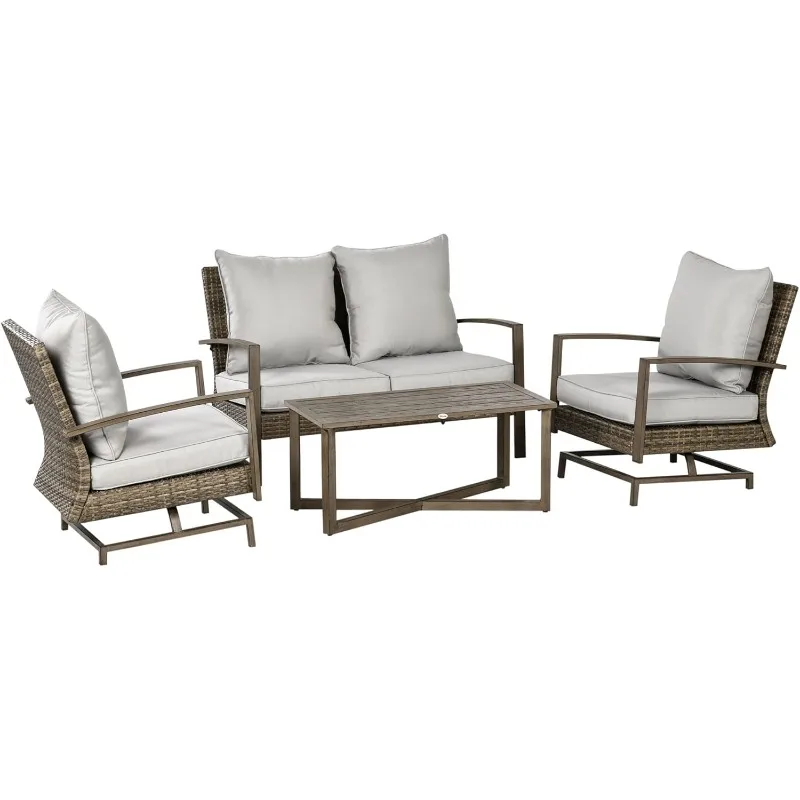 4 Piece Wicker Patio Furniture Set with 2 Rocking Chairs, Loveseat Sofa, Outdoor PE Rattan Conversation Set