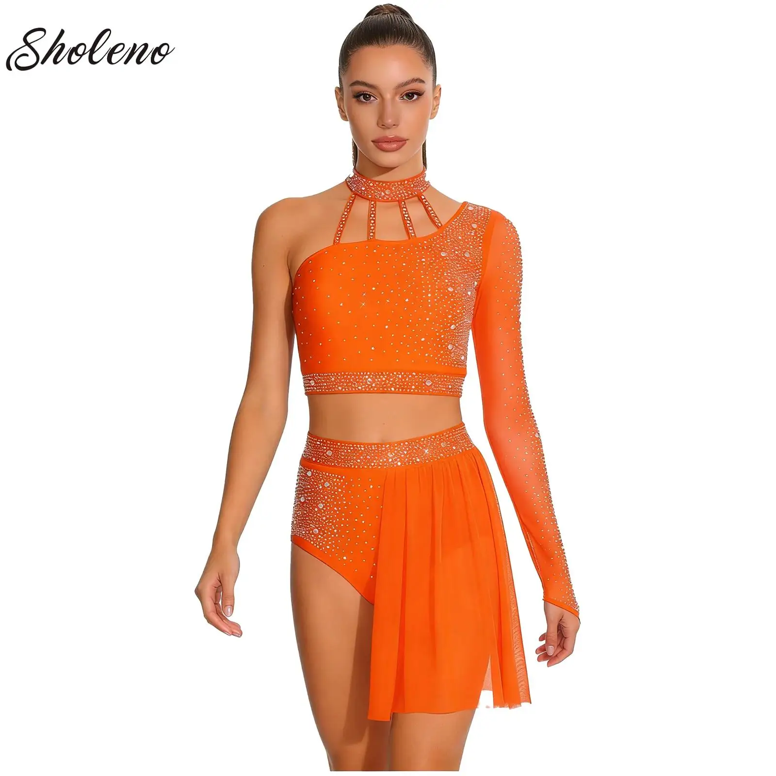 

Женский лирический танцевальный комплект, современный современный костюм, укороченный топ со стразами + купальник с юбкой, художественная гимнастическая балетная танцевальная одежда