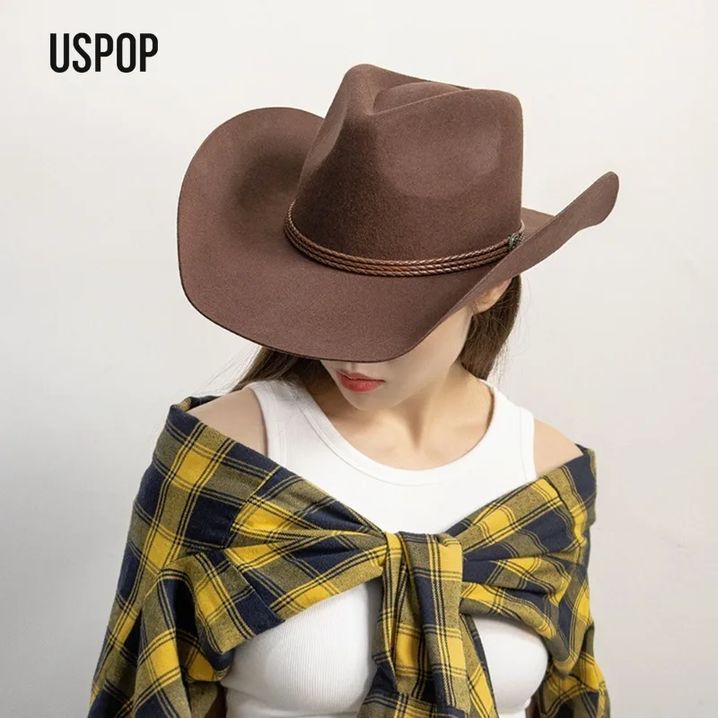 USPOP Western Wool Felt Cowboy Hat for Women and Men, Wide Brim Curved Edge Fedora with PU Rope, 100% Wool Warm Felt Hat