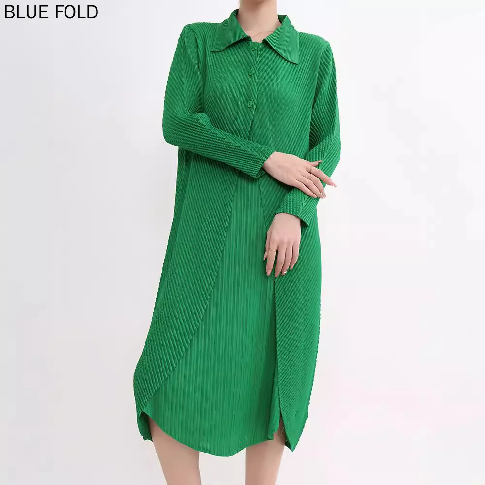 

MIYAKE PLEATS Autumn Pleated Lapel Solid Color Dress Women's Loose Casual Versatile Temperament Fake Two-piece Mid-length Dress