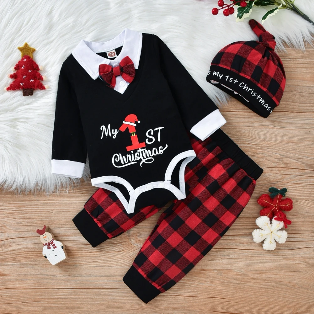 Baywell Baby Boys Gentleman Bow Romper + Plaid Pants + Hat Toddler Clothes Set Christmas Infant Streetwear Outfit 0-18 Months