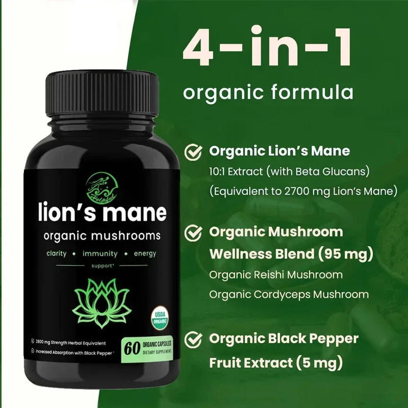 Lions Mane Mushroom Supplements Support Memory and Focus, Immune System, Vegan Cordyceps and Lingzhi Mushroom 60 Capsules