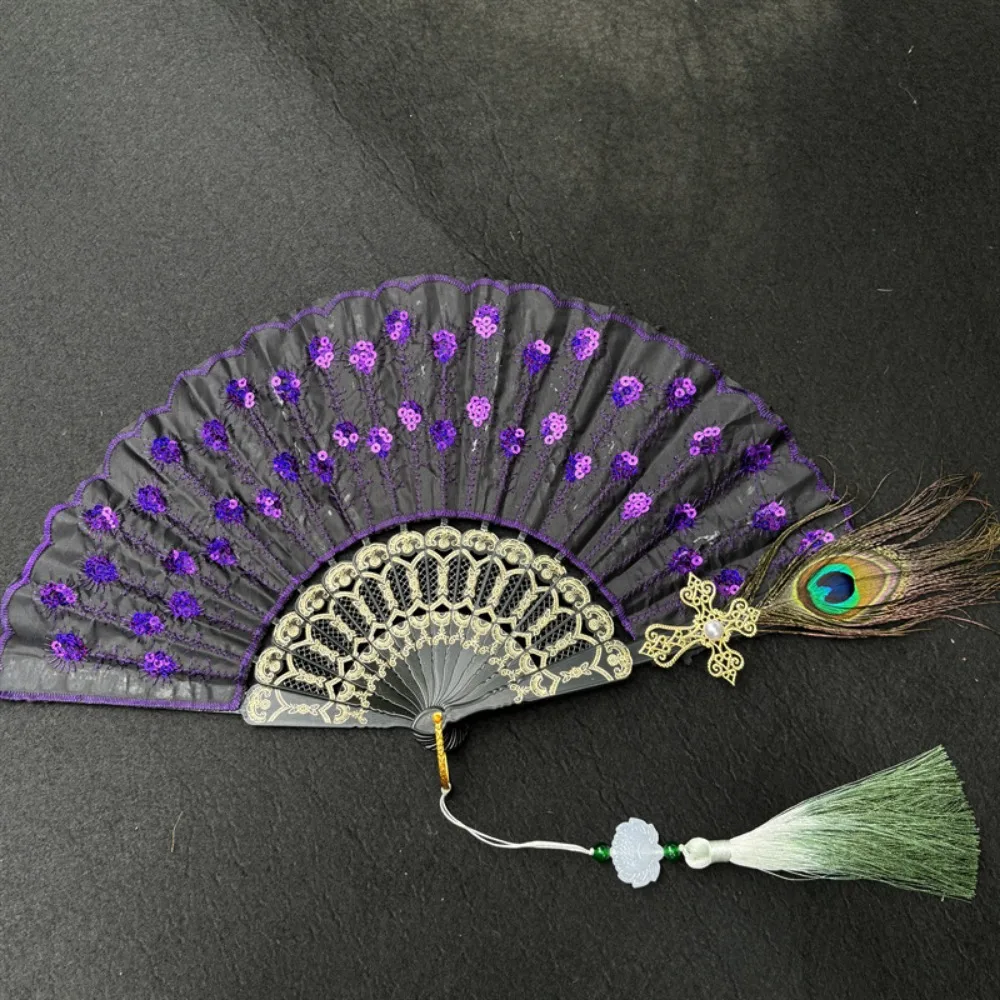 

Black Handle Lace Folding Fan Length: about 35cm with Pendant Square Dance Performance Embroidery Sequin 10 Colors