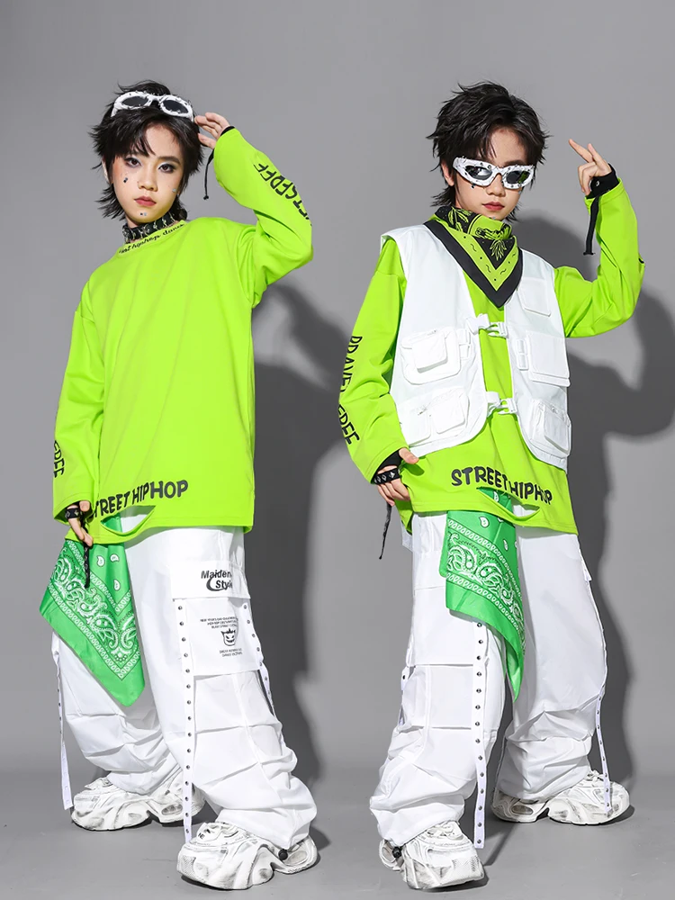 2025 قاعة الرقص الهيب هوب أزياء رقص للأطفال القمصان الخضراء سترة بيضاء السراويل وتتسابق الفتيات الفتيان ملابس أداء الجاز DQS21077