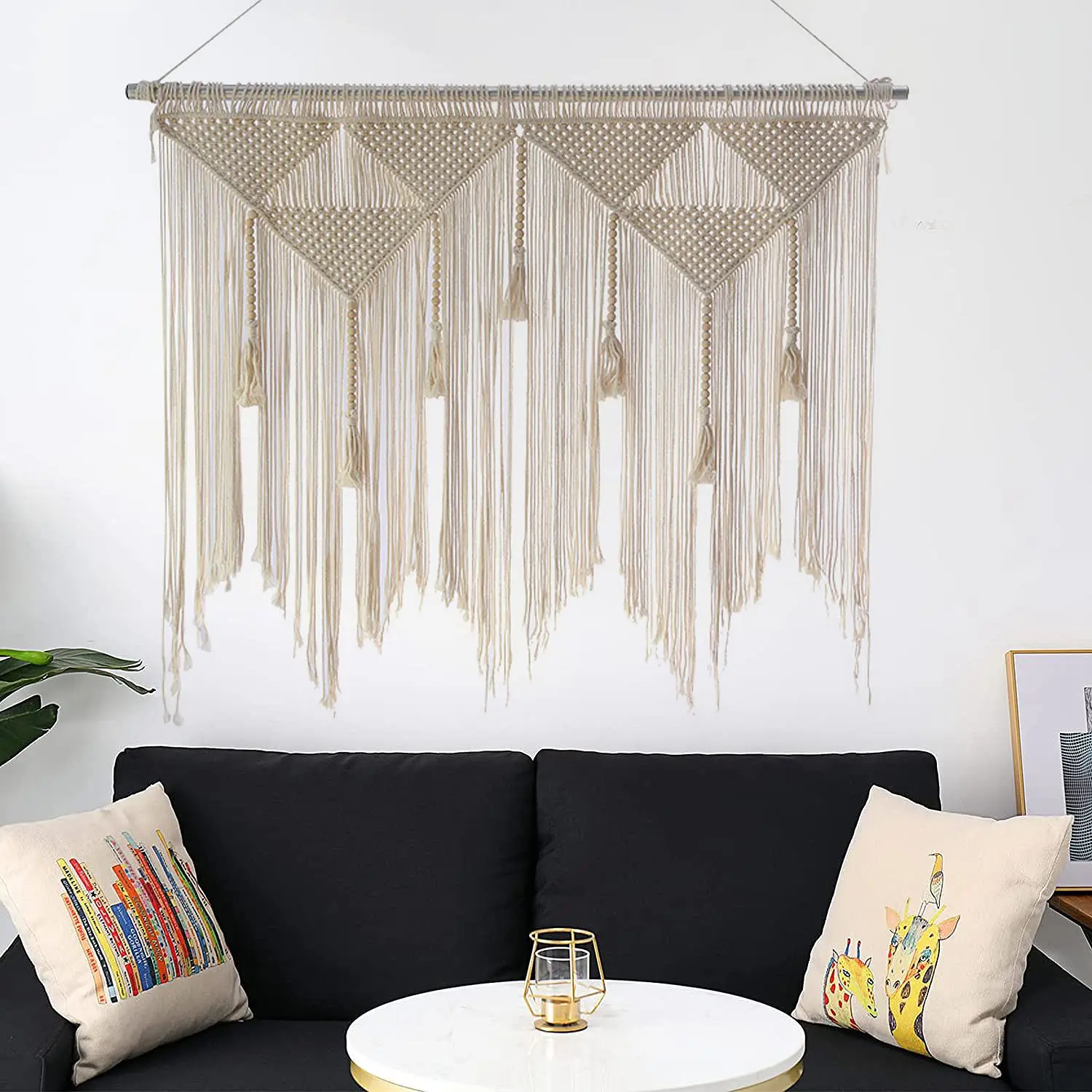 KYCOR-Macrame Wall Hanging Boho Woven Tapestry, Beige White Tassel Decor Curtain For Home Backdrop (Wood Stick Not Included)