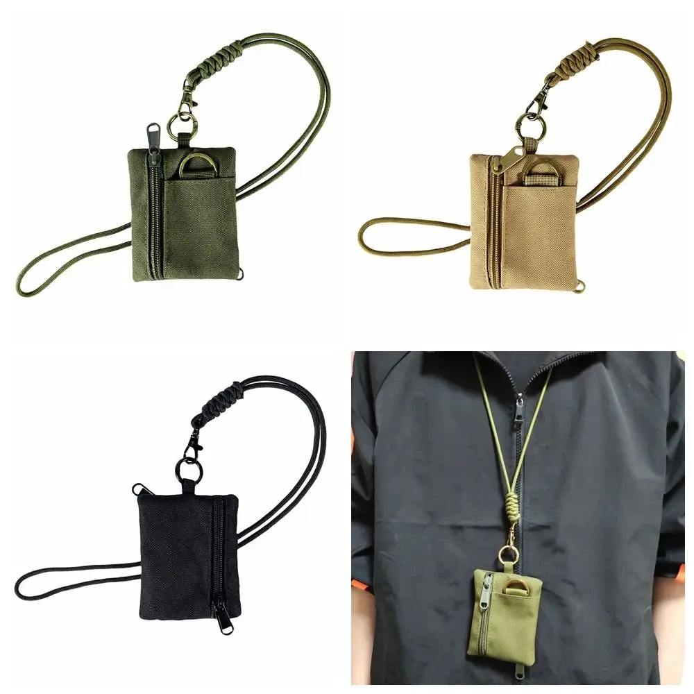 Convenient Square Hanging Neck Coin Purse Zipper Nylon Oxford Cloth Mini Wallet with Lanyard Casual Small Card Holder Sports