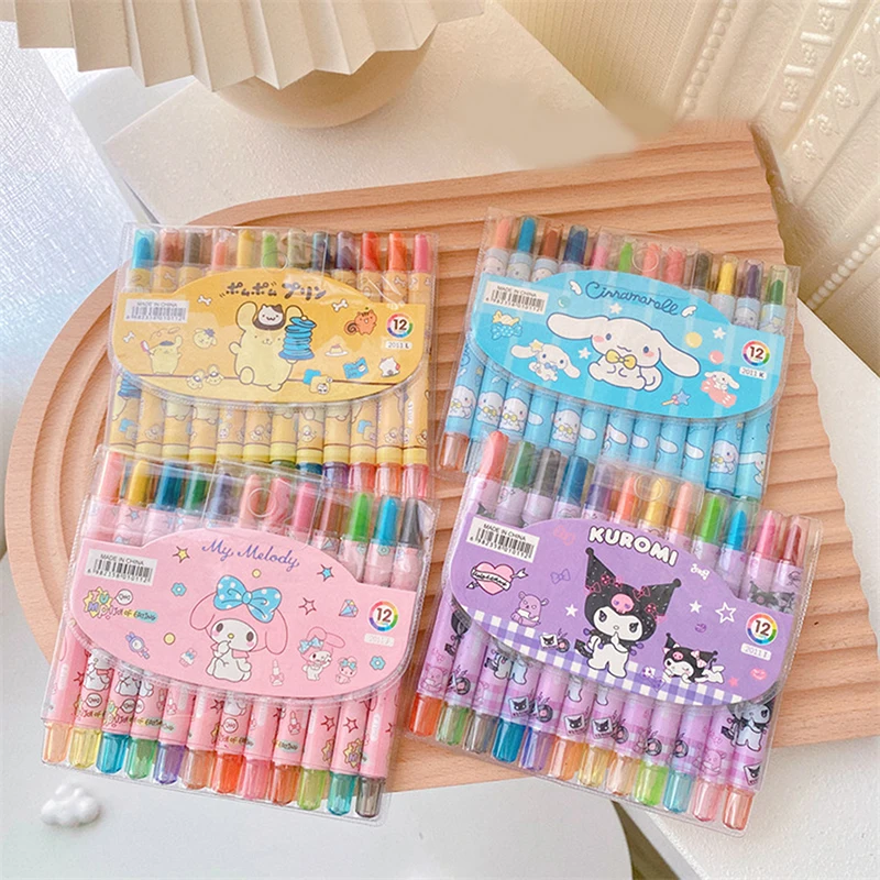 12Pcs Sanrio Graffiti Pen Kuromi My Melody Cinnamonroll Rotate Scalable Color Crayon Cartoon Doodle Pen Drawing Kid Marker Pens