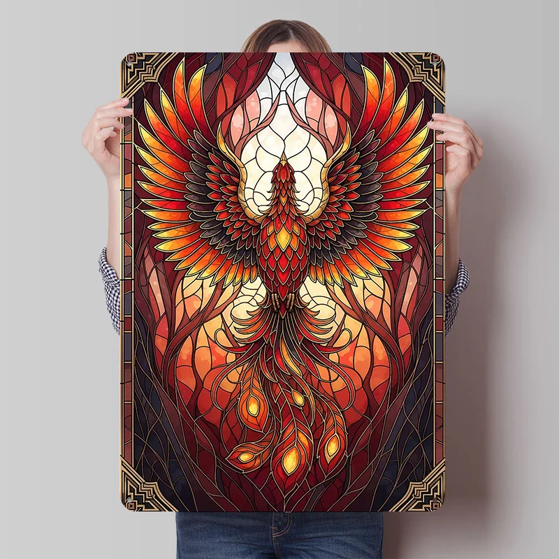 Buntglas-Phoenix Metallposter Maßgefertigte Wandkunst Retro Vintage Blechschilder für Luxus-Dekoration Gaming Wand-Deko Haus