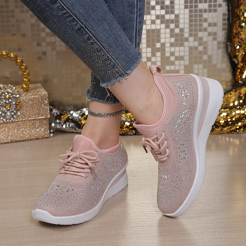 Women's Sparkly Rhinestone Wedge Sneakers Breathable Mesh Lace-Up Casual Walking Footwear image 4