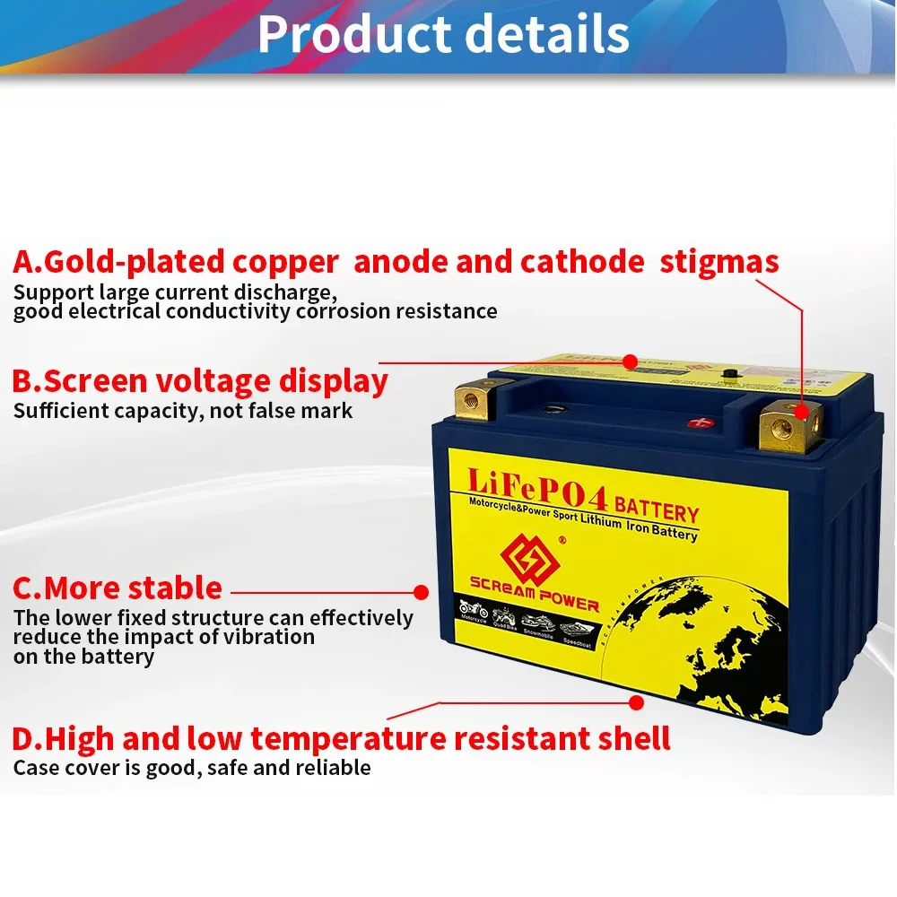 12V Motorcycle Battery LiFePO4 Start Batteries Built in BMS 8Ah 12Ah CCA 180A 420A 520A 620A Lithium Iron Phosphate For ATV UTV