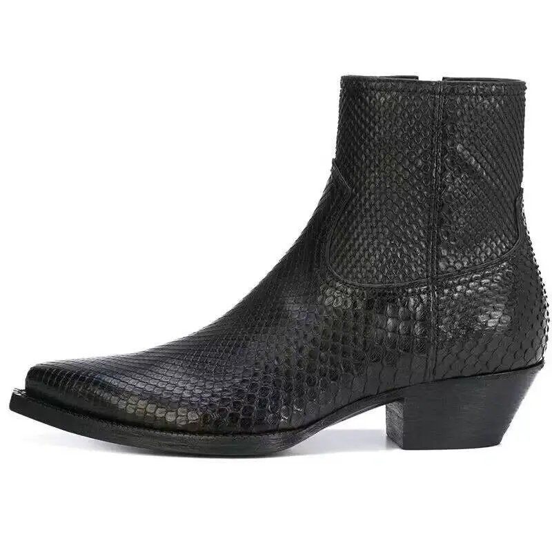 Botas de Tobillo Estilo Western con Estampado de Serpiente para Hombre, Cuero Genuino, Punta Puntiaguda, Tacón Cubano, Cierre de Cremallera, Calzado Casual Urbano para Hombre
