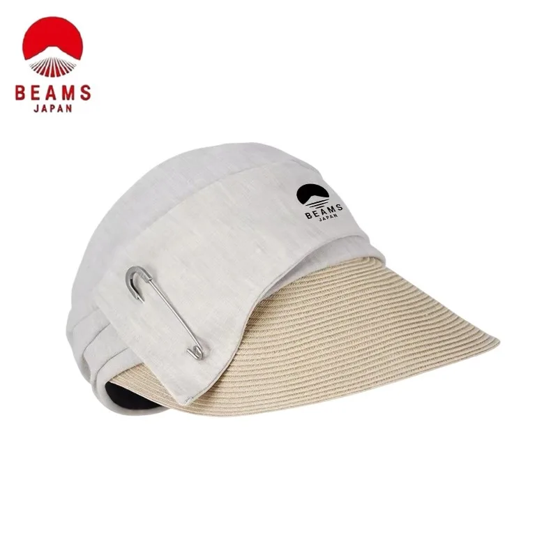 beams-japanese‑style-color‑block-pleated-straw‑brim-bucket-hat-large-head-circumference-sun‑protection-peaked-basin-cap-unisex