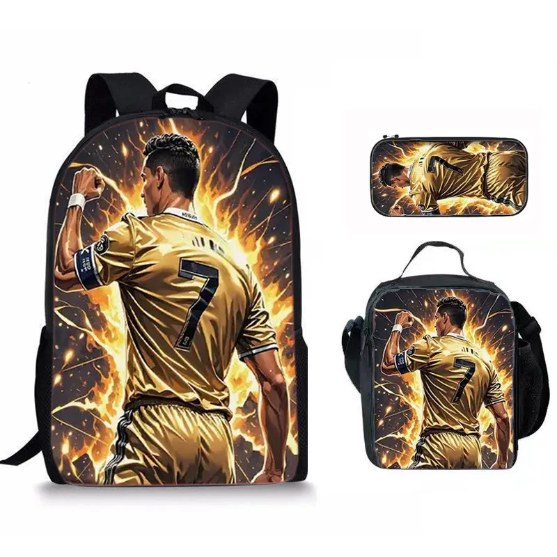 Casual Sports CR7 Print School Bag With Lunch Bag Pencil Case 3pcs Set Primary Student Boys Girls Backpacks Birthday Gifts