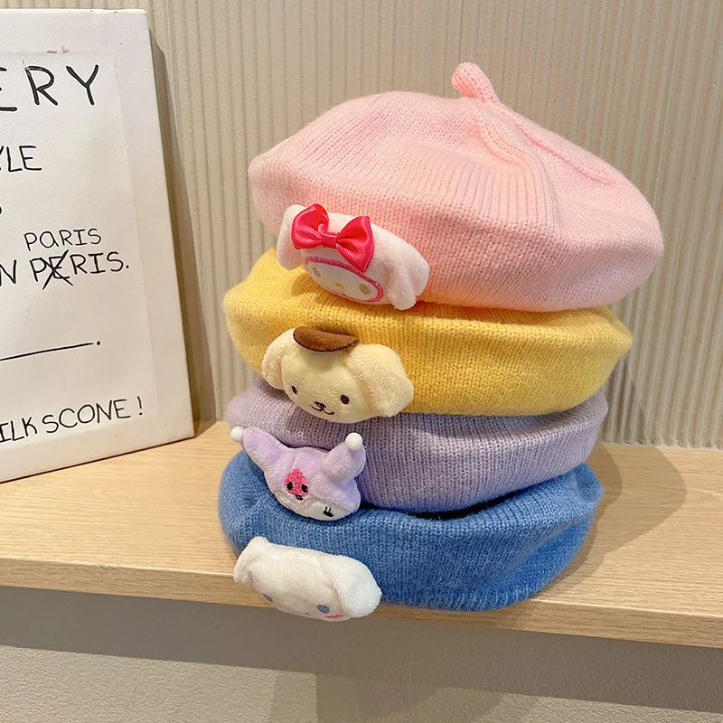 Cartoon Children's Beret Autumn Winter Solid Color Cute Pacha Dog Pullover Hat Girls  Knitted Woolen Painter Cap