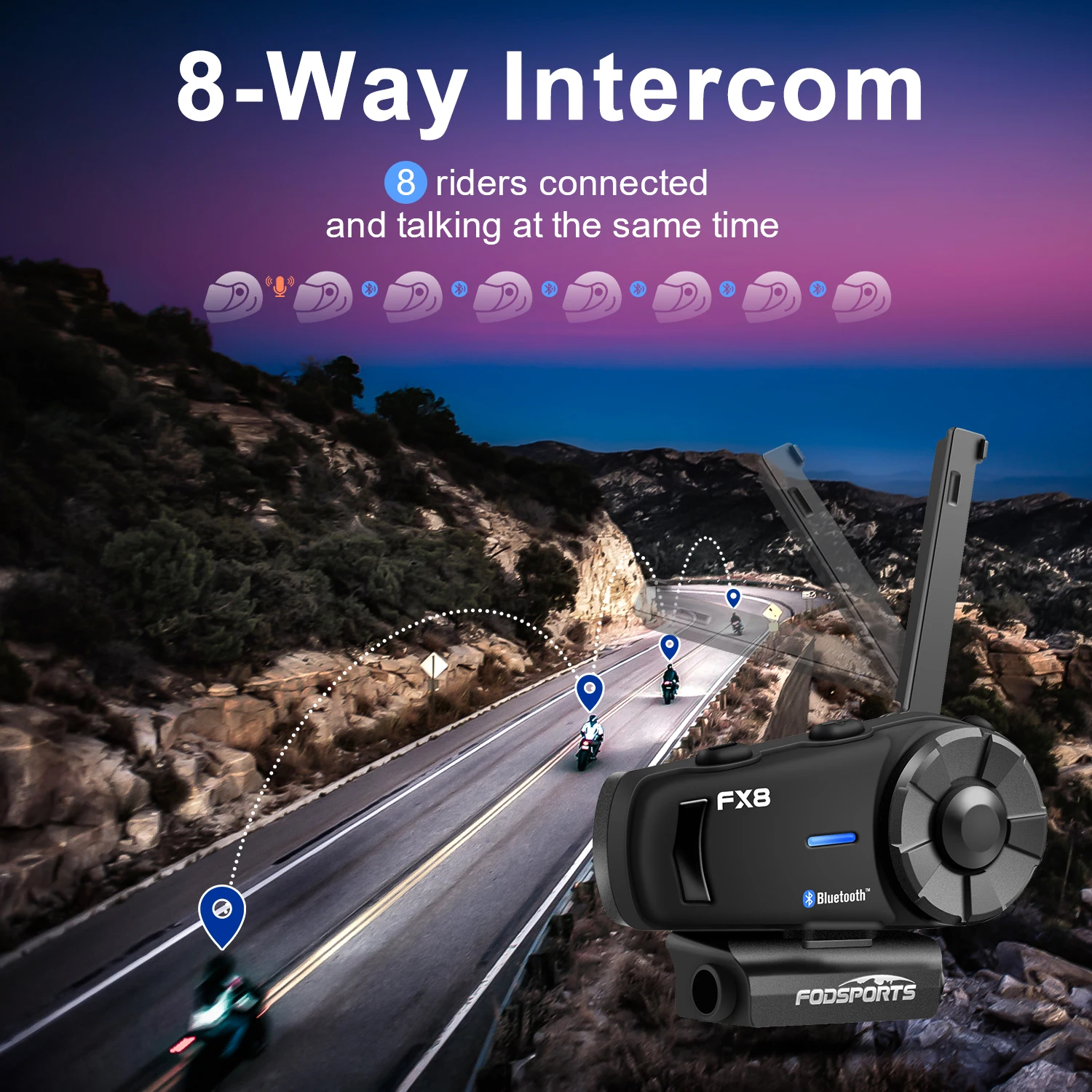 Fodsports FX8 Helm Motor Interkom 8 Pengendara 2000M Headset Bluetooth Nirkabel Interkom Tahan Air Interkom Radio FM