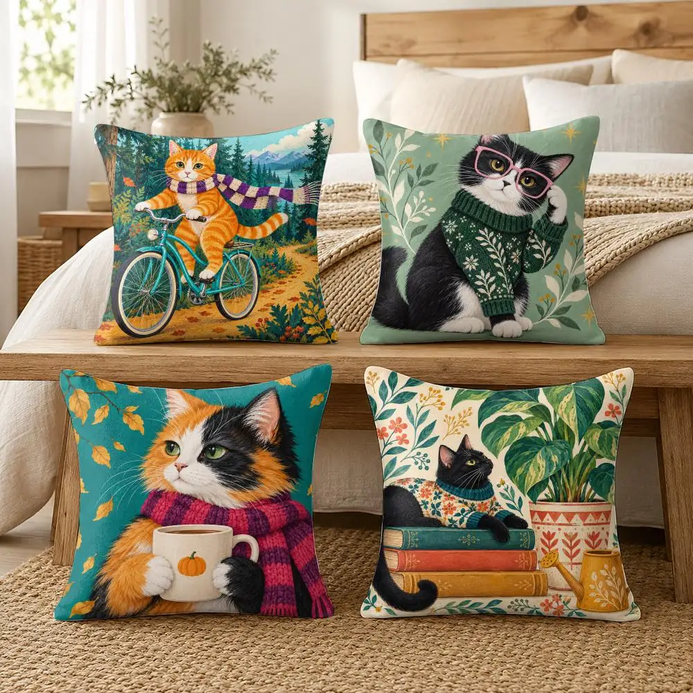 Whimsical Cat Pattern Cushion Cover Soft Short Plush Pillow Cases Hidden Zipper Cutecore Sofa Bedroom Home Decor Gift