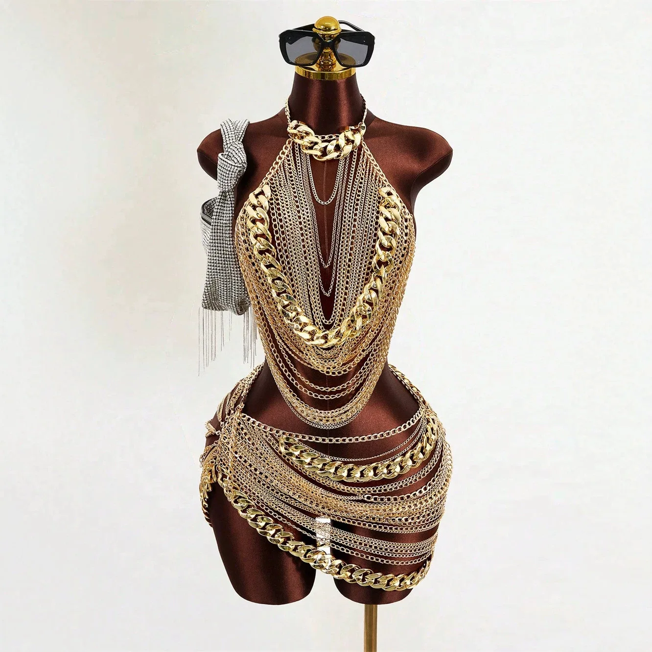 European And American Women's Thick Chain Multi-Layer Mini Vest Dress Set, Punk Silver Sexy Hollow Body Chain