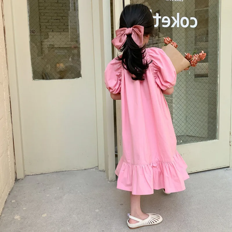 Summer Casual Baby Girls Cotton Sweet Plain Puff Sleeves Ruched Shoulderless Princess Dress Kids Lovely Outfit Clothing 2-8Years