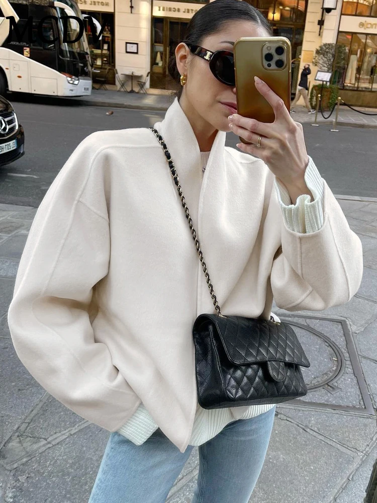 

MCDV 2024 Autumn Winter Woolen Jacket for Women Casual Long Sleeve Stand Collar Loose Coats Fashion Solid Street Female Outwears