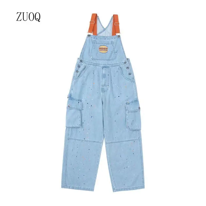 New 2025 Splash Ink High Street Strap Denim Pants Men American Vintage Casual Overalls Jeans Man