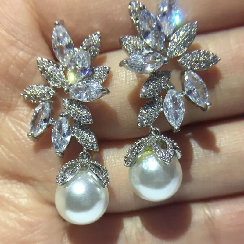 LXOEN Bohemian Sterling Pearl Jewelry Cubic Zirconia CZ Drop Pearl Earrings for Women Anniversary Birthday Idea Gift