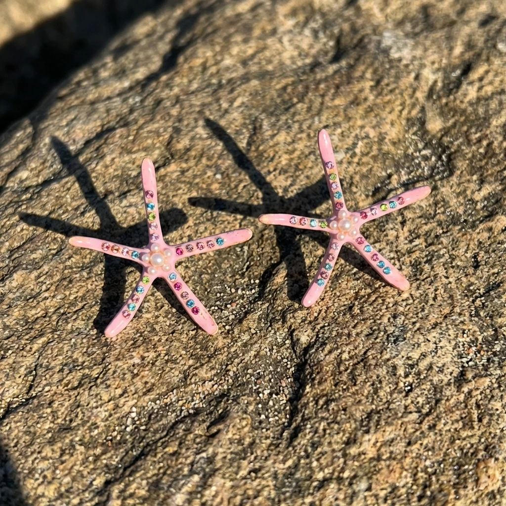

Women's Summer Beach Ocean Leisure Style Colorful Rhinestone Big Pink Starfish Earrings Vacation Party Jewelry