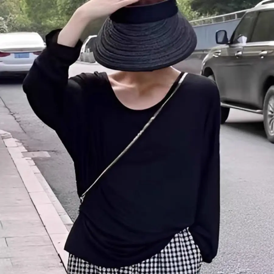 Camisetas de manga larga para mujer, Tops minimalistas de algodón, ajuste relajado, tela suave, cómoda, de gran tamaño, ropa de calle Retro diaria de primavera