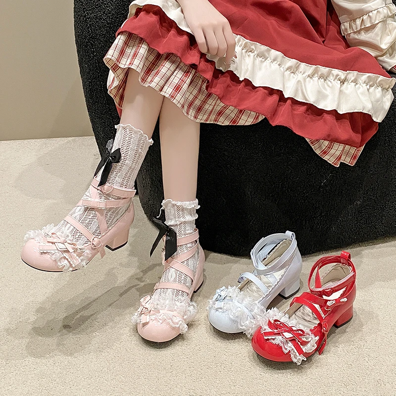 Новые милые женские туфли, новые туфли Мэри Джейн с круглым носком и пряжкой на толстом каблуке, кружевные туфли Мэри Джейн 35–39 с бантиками, юбками и маленькими кожаными туфлями