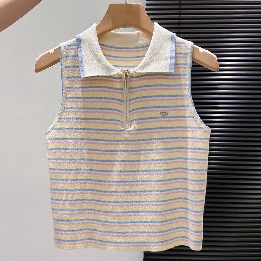 Summer French Lapel Knitted Tank Tops Casual Fashionable Simple Commute Slim Contrast Color Women's Half Zipper Striped Vest